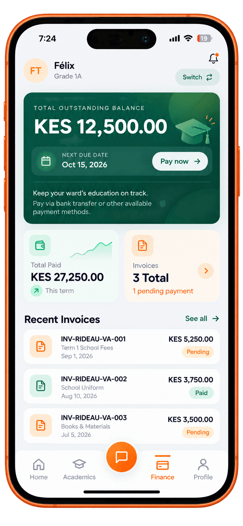 Parent finance screen in Edqio showing a Grade 1A student balance, pay now button, amount paid this term, and recent invoices marked pending or paid.